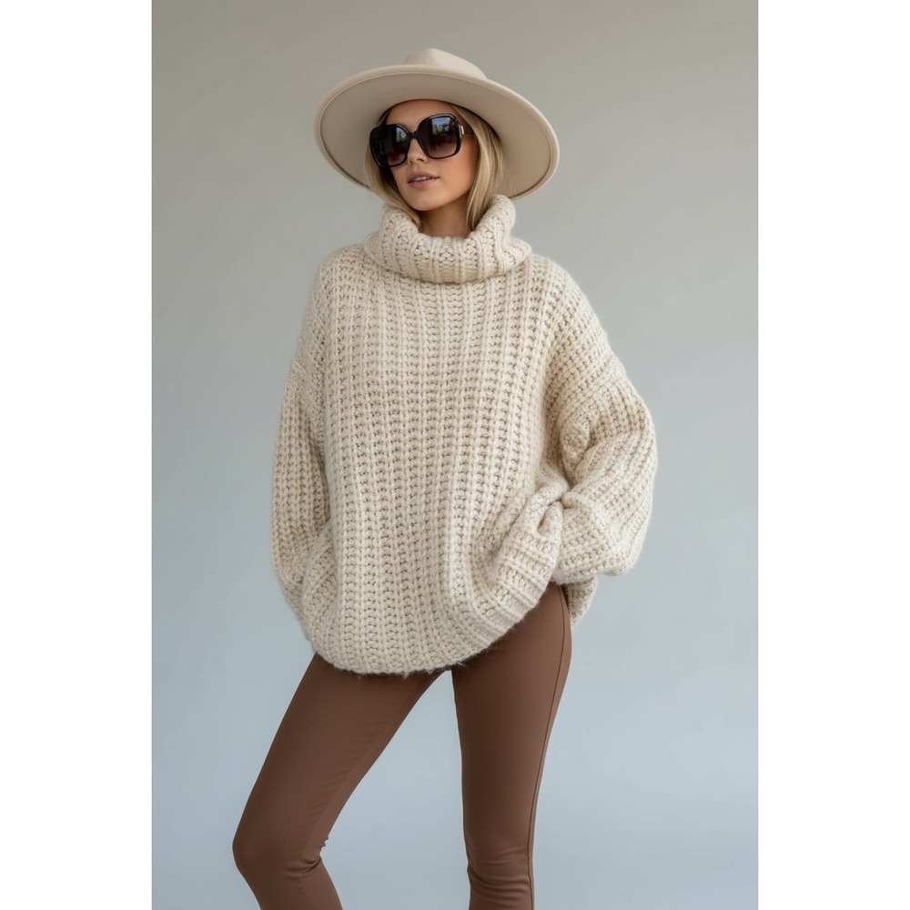 ZARA Chunky Knit‎ Oversized Small Turtleneck Cozy Sweater Cream